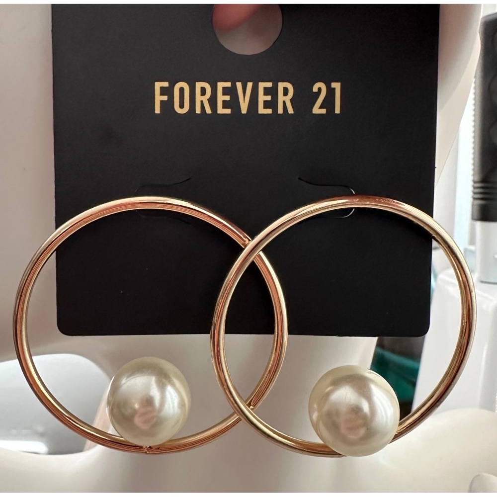 Brand New! Gold Faux Pearl Hoop Earrings